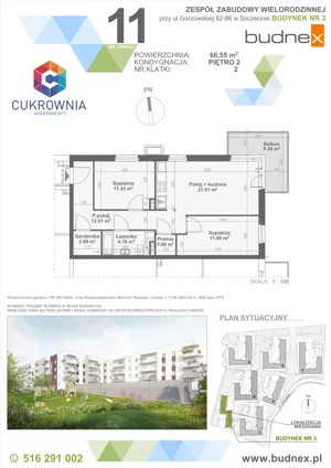 3 pokoje, mieszkanie 66,55 m², piętro 2, oferta nr 2/M11, Cukrownia Apartamenty - Etap IV, Szczecin, Zachód, Gumieńce, ul. Floriana Krygiera