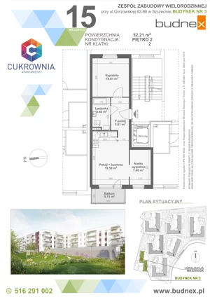 3 pokoje, mieszkanie 52,21 m², piętro 2, oferta nr 2/M15, Cukrownia Apartamenty - Etap IV, Szczecin, Zachód, Gumieńce, ul. Floriana Krygiera