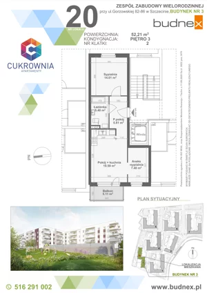 3 pokoje, mieszkanie 52,21 m², piętro 3, oferta nr 2/M20, Cukrownia Apartamenty - Etap IV, Szczecin, Zachód, Gumieńce, ul. Floriana Krygiera