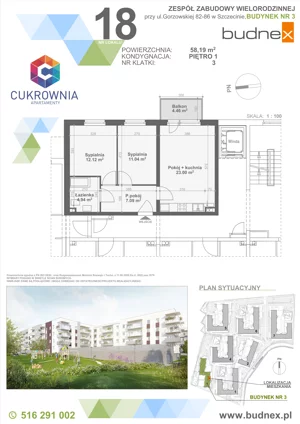 3 pokoje, mieszkanie 58,19 m², piętro 1, oferta nr 3/M18, Cukrownia Apartamenty - Etap IV, Szczecin, Zachód, Gumieńce, ul. Floriana Krygiera
