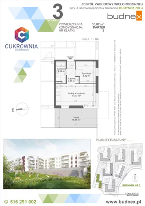 2 pokoje, mieszkanie 35,02 m², parter, oferta nr 3/M3, Cukrownia Apartamenty - Etap IV, Szczecin, Zachód, Gumieńce, ul. Floriana Krygiera