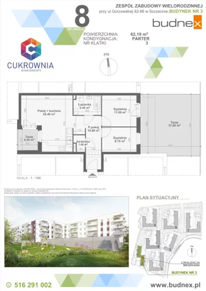 3 pokoje, mieszkanie 62,19 m², parter, oferta nr 3/M8, Cukrownia Apartamenty - Etap IV, Szczecin, Zachód, Gumieńce, ul. Floriana Krygiera