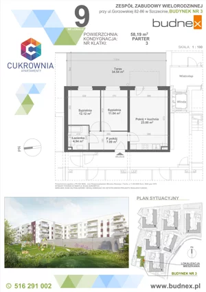 3 pokoje, mieszkanie 58,19 m², parter, oferta nr 3/M9, Cukrownia Apartamenty - Etap IV, Szczecin, Zachód, Gumieńce, ul. Floriana Krygiera
