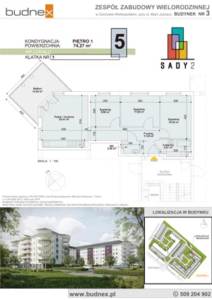 4 pokoje, mieszkanie 74,27 m², piętro 1, oferta nr 1/M5, Sady II Bud. 3, Gorzów Wielkopolski, ul. Marii Juchacz
