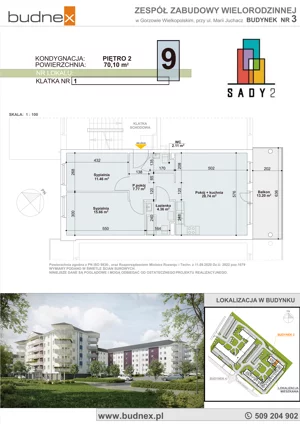 3 pokoje, mieszkanie 70,10 m², piętro 2, oferta nr 1/M9, Sady II Bud. 3, Gorzów Wielkopolski, ul. Marii Juchacz