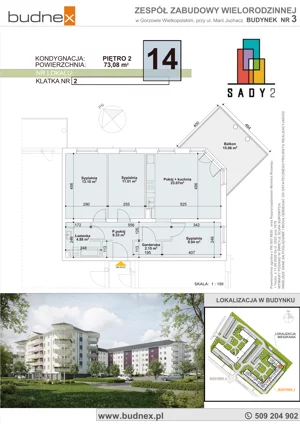 4 pokoje, mieszkanie 73,08 m², piętro 2, oferta nr 2/M14, Sady II Bud. 3, Gorzów Wielkopolski, ul. Marii Juchacz