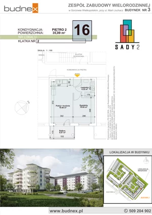 2 pokoje, mieszkanie 35,09 m², piętro 2, oferta nr 2/M16, Sady II Bud. 3, Gorzów Wielkopolski, ul. Marii Juchacz
