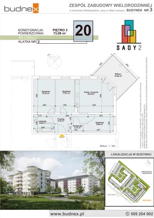 4 pokoje, mieszkanie 73,08 m², piętro 3, oferta nr 2/M20, Sady II Bud. 3, Gorzów Wielkopolski, ul. Marii Juchacz