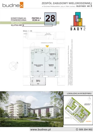 2 pokoje, mieszkanie 35,09 m², piętro 4, oferta nr 2/M28, Sady II Bud. 3, Gorzów Wielkopolski, ul. Marii Juchacz