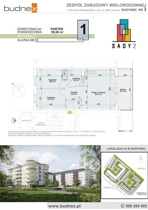 3 pokoje, mieszkanie 58,66 m², parter, oferta nr 3/M1, Sady II Bud. 3, Gorzów Wielkopolski, ul. Marii Juchacz