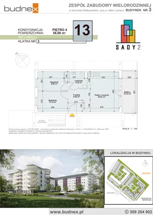 3 pokoje, mieszkanie 58,66 m², piętro 4, oferta nr 3/M13, Sady II Bud. 3, Gorzów Wielkopolski, ul. Marii Juchacz