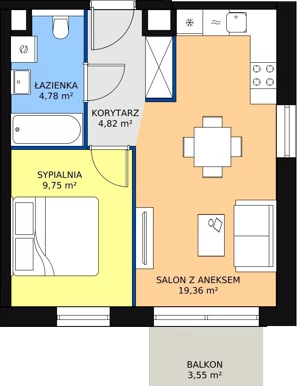 2 pokoje, mieszkanie 38,71 m², piętro 5, oferta nr B3.7.3, Sedina Apartamenty - Etap I, Szczecin, Śródmieście, Międzyodrze-Wyspa Pucka, ul. Maklerska