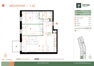 3 pokoje, mieszkanie 63,07 m², piętro 1, oferta nr M.01.03, Casa Feliz Portowa II, Kraków, Podgórze, Zabłocie, ul. Portowa 14