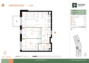 3 pokoje, mieszkanie 58,58 m², piętro 1, oferta nr M.01.06, Casa Feliz Portowa II, Kraków, Podgórze, Zabłocie, ul. Portowa 14