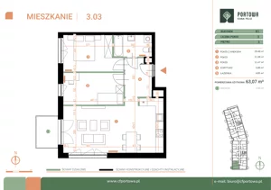 3 pokoje, mieszkanie 63,07 m², piętro 3, oferta nr M.03.03, Casa Feliz Portowa II, Kraków, Podgórze, Zabłocie, ul. Portowa 14