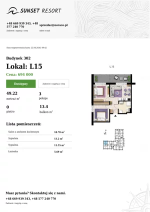 3 pokoje, apartament 49,22 m², parter, oferta nr L 15, Sunset Resort bud 302, Grzybowo, ul. Nadmorska 106