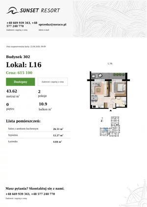 2 pokoje, apartament 43,62 m², parter, oferta nr L 16, Sunset Resort bud 302, Grzybowo, ul. Nadmorska 106