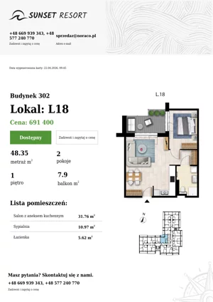2 pokoje, apartament 48,35 m², piętro 1, oferta nr L 18, Sunset Resort bud 302, Grzybowo, ul. Nadmorska 106