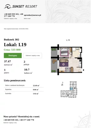 2 pokoje, apartament 37,47 m², piętro 1, oferta nr L 19, Sunset Resort bud 302, Grzybowo, ul. Nadmorska 106
