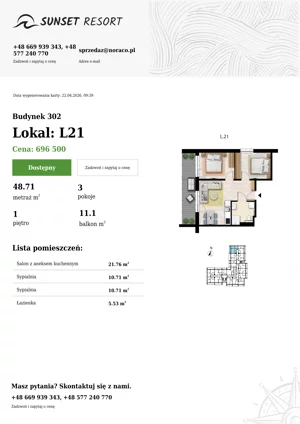 3 pokoje, apartament 48,71 m², piętro 1, oferta nr L 21, Sunset Resort bud 302, Grzybowo, ul. Nadmorska 106
