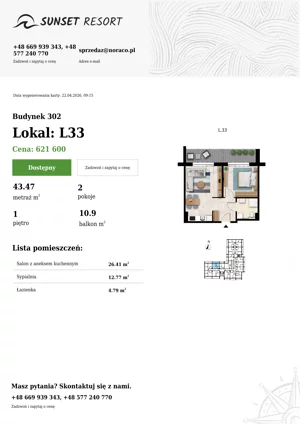 2 pokoje, apartament 43,47 m², piętro 1, oferta nr L 33, Sunset Resort bud 302, Grzybowo, ul. Nadmorska 106