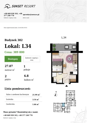1 pokój, apartament 27,07 m², piętro 2, oferta nr L 34, Sunset Resort bud 302, Grzybowo, ul. Nadmorska 106