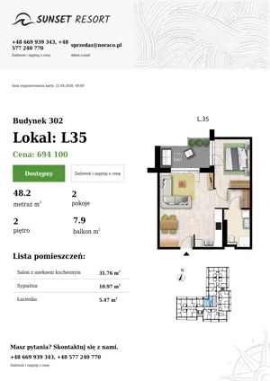 2 pokoje, apartament 48,20 m², piętro 2, oferta nr L 35, Sunset Resort bud 302, Grzybowo, ul. Nadmorska 106