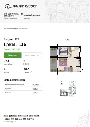 2 pokoje, apartament 37,40 m², piętro 2, oferta nr L 36, Sunset Resort bud 302, Grzybowo, ul. Nadmorska 106