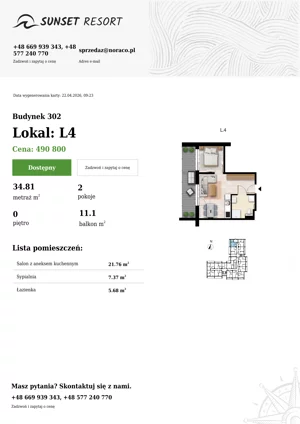 2 pokoje, apartament 34,81 m², parter, oferta nr L 4, Sunset Resort bud 302, Grzybowo, ul. Nadmorska 106