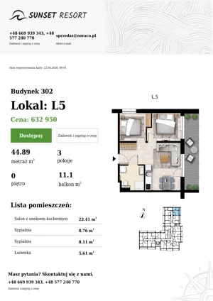 3 pokoje, apartament 44,89 m², parter, oferta nr L 5, Sunset Resort bud 302, Grzybowo, ul. Nadmorska 106