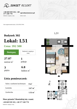1 pokój, apartament 27,07 m², piętro 3, oferta nr L 51, Sunset Resort bud 302, Grzybowo, ul. Nadmorska 106