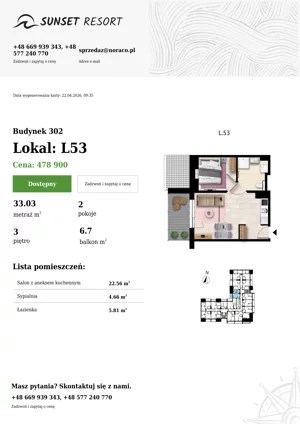 2 pokoje, apartament 33,03 m², piętro 3, oferta nr L 53, Sunset Resort bud 302, Grzybowo, ul. Nadmorska 106
