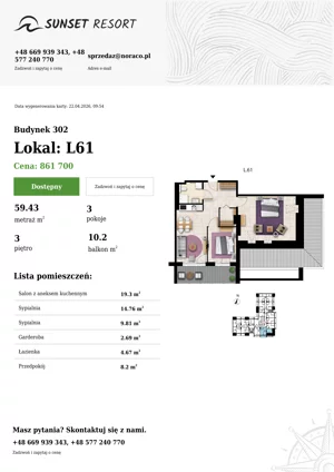 3 pokoje, apartament 59,43 m², piętro 3, oferta nr L 61, Sunset Resort bud 302, Grzybowo, ul. Nadmorska 106