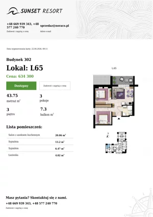 3 pokoje, apartament 43,75 m², piętro 3, oferta nr L 65, Sunset Resort bud 302, Grzybowo, ul. Nadmorska 106