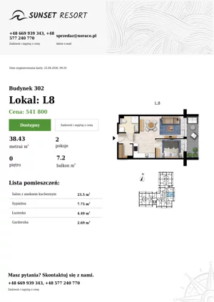 2 pokoje, apartament 38,43 m², parter, oferta nr L 8, Sunset Resort bud 302, Grzybowo, ul. Nadmorska 106