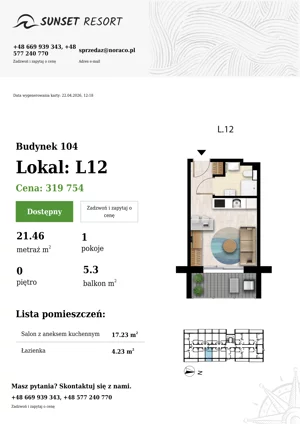 1 pokój, apartament 21,46 m², parter, oferta nr 104-L12, Sunset Resort, Grzybowo, ul. Nadmorska 106