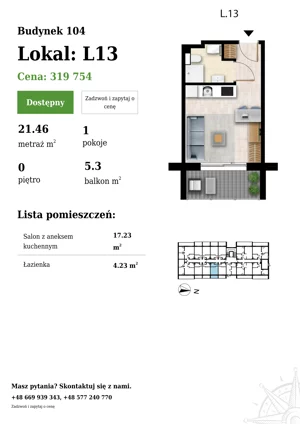1 pokój, apartament 21,46 m², parter, oferta nr 104-L13, Sunset Resort, Grzybowo, ul. Nadmorska 106