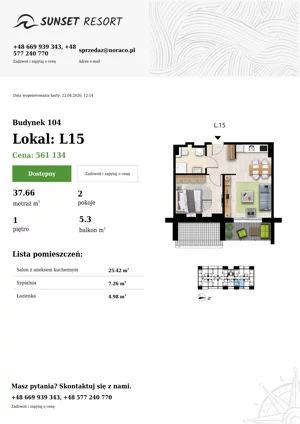 2 pokoje, apartament 37,66 m², piętro 1, oferta nr 104-L15, Sunset Resort, Grzybowo, ul. Nadmorska 106