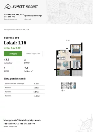 3 pokoje, apartament 43,80 m², piętro 1, oferta nr 104-L16, Sunset Resort, Grzybowo, ul. Nadmorska 106