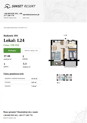 2 pokoje, apartament 37,48 m², piętro 1, oferta nr 104-L24, Sunset Resort, Grzybowo, ul. Nadmorska 106