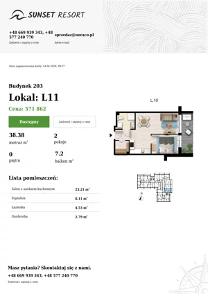 2 pokoje, apartament 38,38 m², parter, oferta nr 203-L11, Sunset Resort, Grzybowo, ul. Nadmorska 106