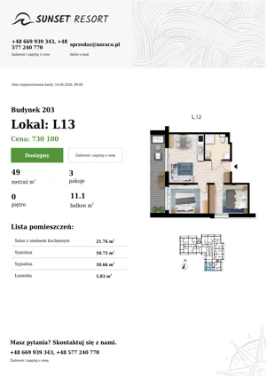3 pokoje, apartament 49,00 m², parter, oferta nr 203-L13, Sunset Resort, Grzybowo, ul. Nadmorska 106