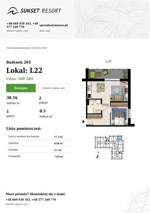 2 pokoje, apartament 38,16 m², piętro 1, oferta nr 203-L22, Sunset Resort, Grzybowo, ul. Nadmorska 106