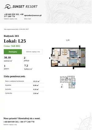 2 pokoje, apartament 38,18 m², piętro 1, oferta nr 203-L25, Sunset Resort, Grzybowo, ul. Nadmorska 106