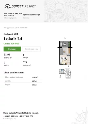 1 pokój, apartament 21,94 m², parter, oferta nr 203-L4, Sunset Resort, Grzybowo, ul. Nadmorska 106