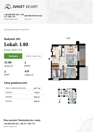 3 pokoje, apartament 41,86 m², piętro 2, oferta nr 203-L40, Sunset Resort, Grzybowo, ul. Nadmorska 106
