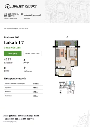2 pokoje, apartament 40,82 m², parter, oferta nr 203-L7, Sunset Resort, Grzybowo, ul. Nadmorska 106