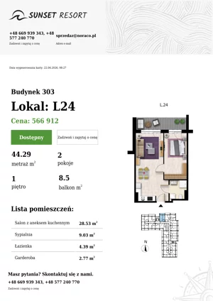2 pokoje, apartament 44,29 m², piętro 1, oferta nr 303-L24, Sunset Resort, Grzybowo, ul. Nadmorska 106