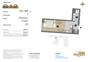 1 pokój, mieszkanie 25,38 m², przyziemie, oferta nr B 1.2, City Łobzów, Kraków, Bronowice, Łobzów, ul. Głowackiego 60