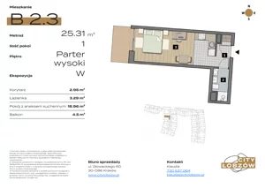 1 pokój, mieszkanie 25,31 m², parter, oferta nr B 2.3, City Łobzów, Kraków, Bronowice, Łobzów, ul. Głowackiego 60